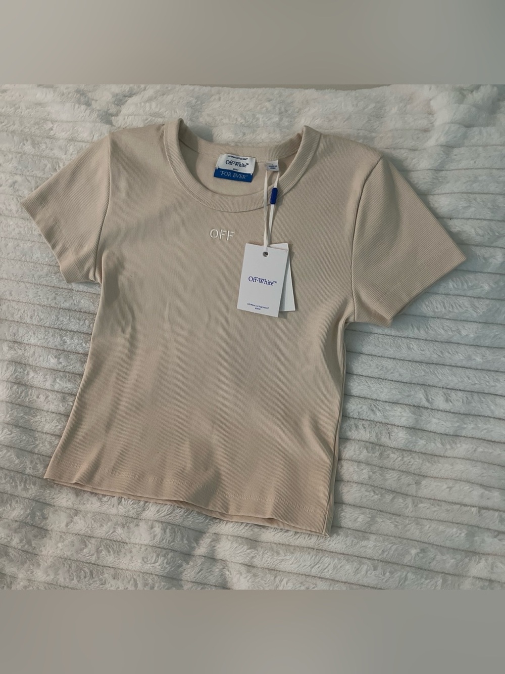 Off-White Beige fitted Ribbed Short Sleeve 'OFF' Crew Tee NWT